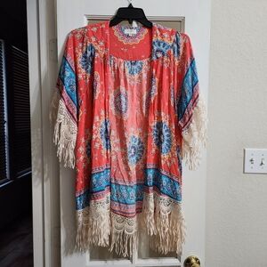 Umgee USA Coral Teal Medallion Boho Chic Fringe Crochet-Hem Kimono L/XL